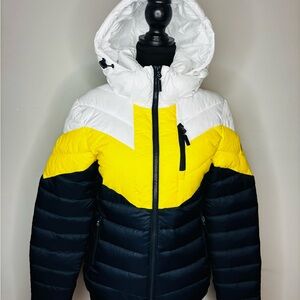 Superdry Colour Block Fuji White, Yellow, and Navy Puffer Jacket